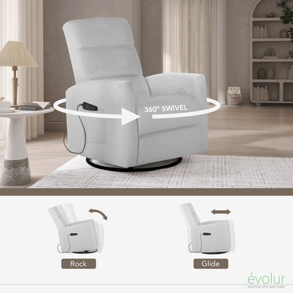 Reevo Upholstered Faux Leather Seating Glider Swivel, Rocker, Massager, Glider Chair for Modern Nursery, Misty Grey, Tool-Free Assembly, Easy to Clean, Environmentally Conscious Rocker