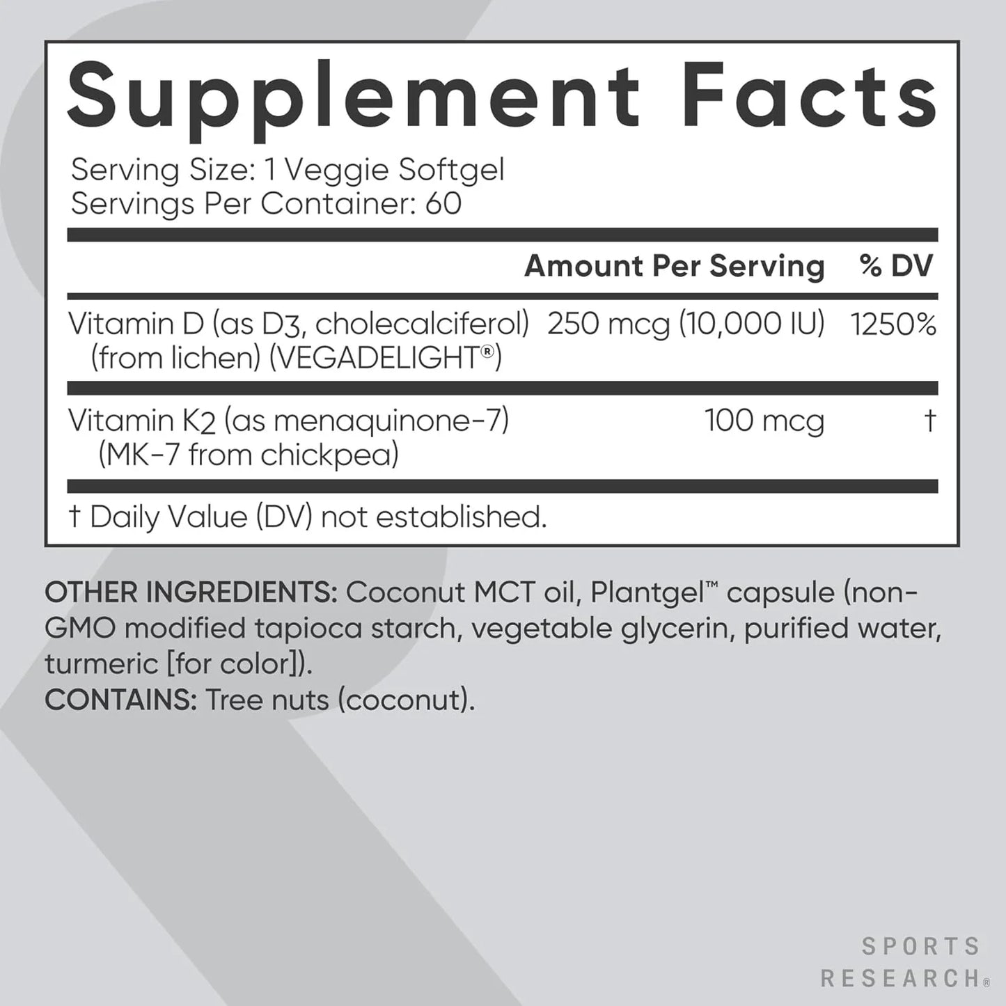 Sports Research® Vitamin D3 + K2 with 10,000Iu of Plant-Based D3 & 100Mcg of Vitamin K2 as MK-7 | Non-Gmo Verified & Vegan Certified 60Ct