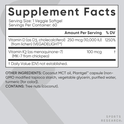 Sports Research® Vitamin D3 + K2 with 10,000Iu of Plant-Based D3 & 100Mcg of Vitamin K2 as MK-7 | Non-Gmo Verified & Vegan Certified 60Ct